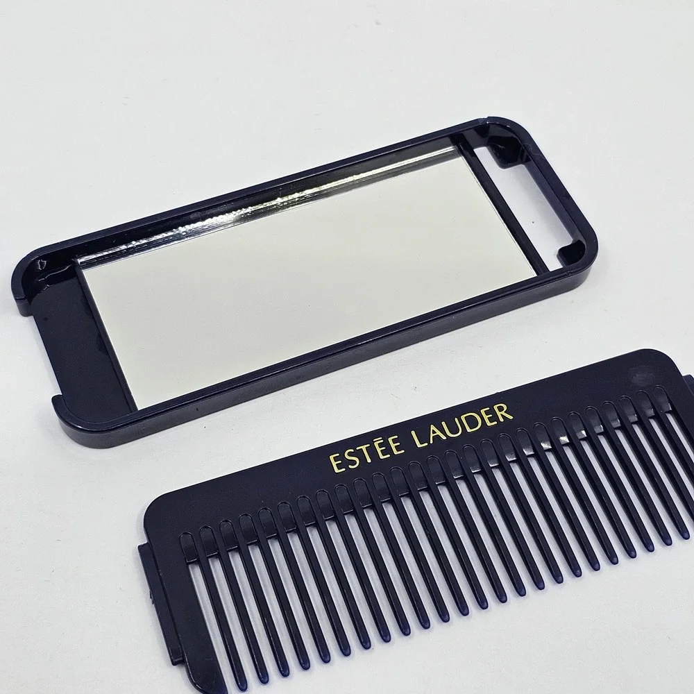 Estee Lauder Travel Hair Comb Navy Blue with Built-in Mirror Gold Logo 5 Inch